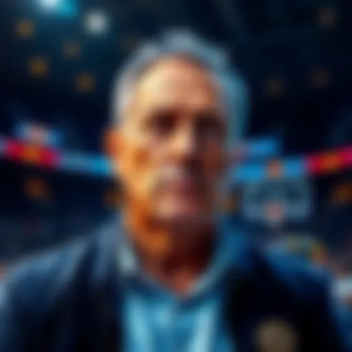 NBA coach looks pensive, reflecting on missed Bitcoin investment opportunity, with basketball court in background