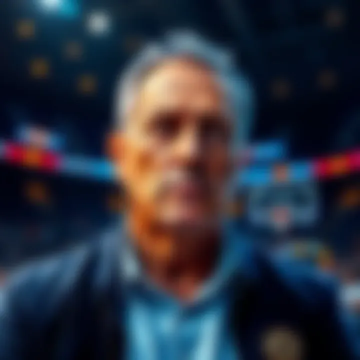 NBA coach looks pensive, reflecting on missed Bitcoin investment opportunity, with basketball court in background