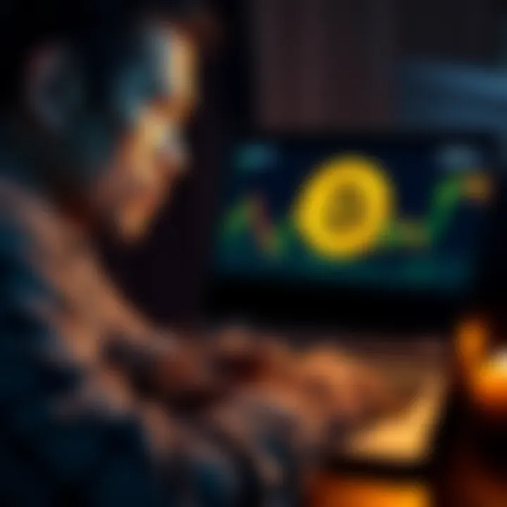 A person nervously checks Bitcoin price on their laptop while preparing to make a purchase