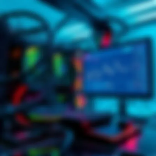 A new mining rig set up, showing multiple graphics cards and cooling fans, with a monitor displaying mining statistics.