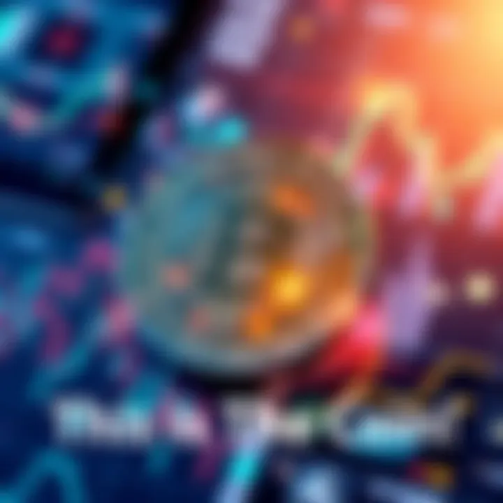 A shiny new cryptocurrency coin surrounded by digital graphics and charts representing market trends