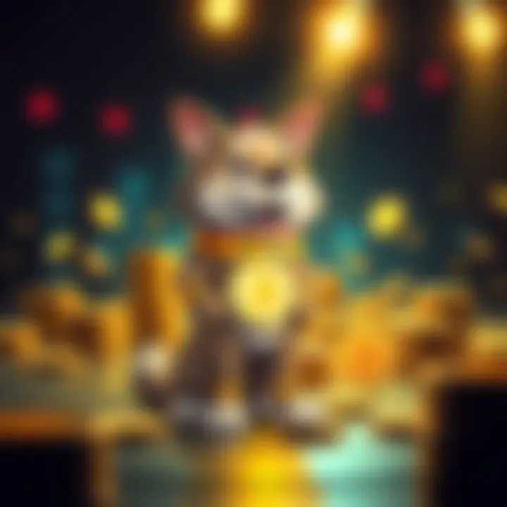 A dog mascot symbolizing the New Doge initiative stands proudly with crypto coins around it, representing innovation in 2026.