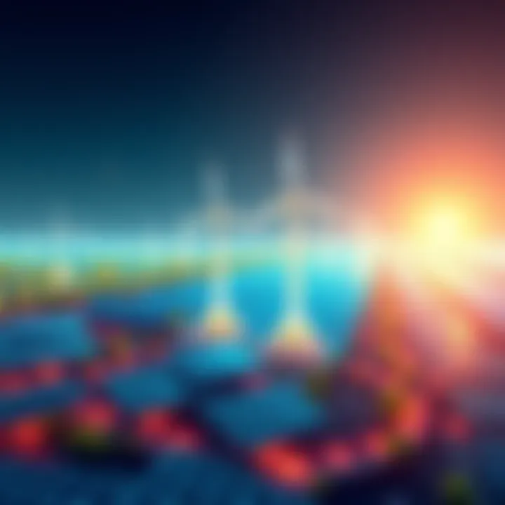 Illustration of a modern energy grid with eco-friendly elements like solar panels and wind turbines, symbolizing a new energy initiative that aims for efficiency and sustainability.