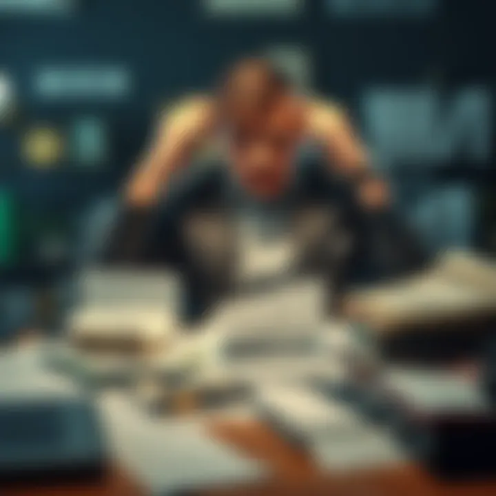 New investor looks distressed after losing savings A distressed man sits at a desk with financial documents scattered around, reflecting on his lost savings from a stock investment.
