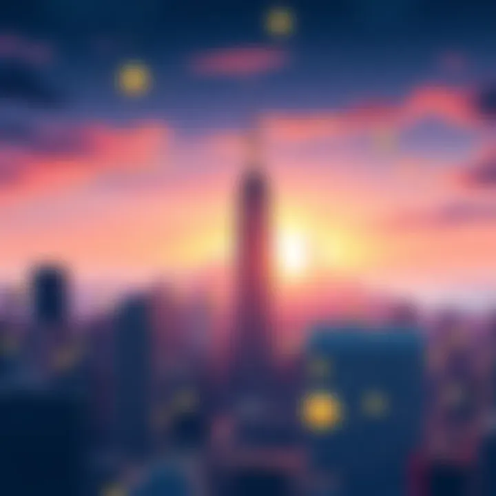Illustration of New York City skyline with cryptocurrency symbols and tax documents