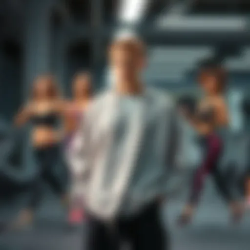 Newbie gym-goer in oversized clothes A new gym-goer wearing oversized clothing looks uncertain while stylish women in fitted workout sets exercise nearby.