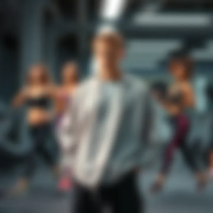 Newbie gym-goer in oversized clothes A new gym-goer wearing oversized clothing looks uncertain while stylish women in fitted workout sets exercise nearby.