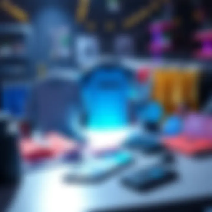 A collection of creative Nexo merchandise concepts including clothing, desk accessories, and event items on a table.