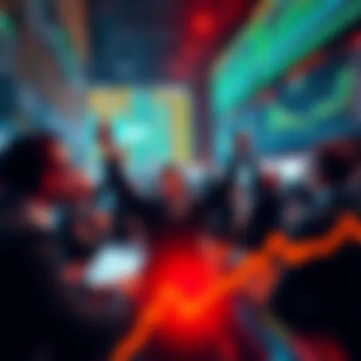 Traders celebrating the rebound of NFT markets with digital art displays and vibrant charts