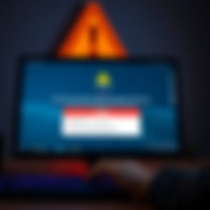 A computer screen showing a fake job recruitment test for cryptocurrency developers, with a warning symbol in the background.