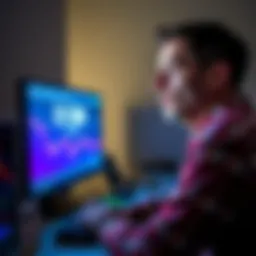 A man in his 30s sitting in front of a computer with a shocked expression, showing a sudden loss in cryptocurrency on the screen.