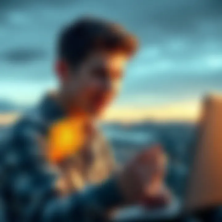 Norwegian student celebrating Bitcoin success A young Norwegian man excitedly looks at his cryptocurrency investment results on a laptop, showing a significant increase in value, with a cityscape in the background.
