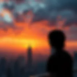 A person looking out over a city skyline, reflecting on past opportunities and future hopes, with a sunset in the background.