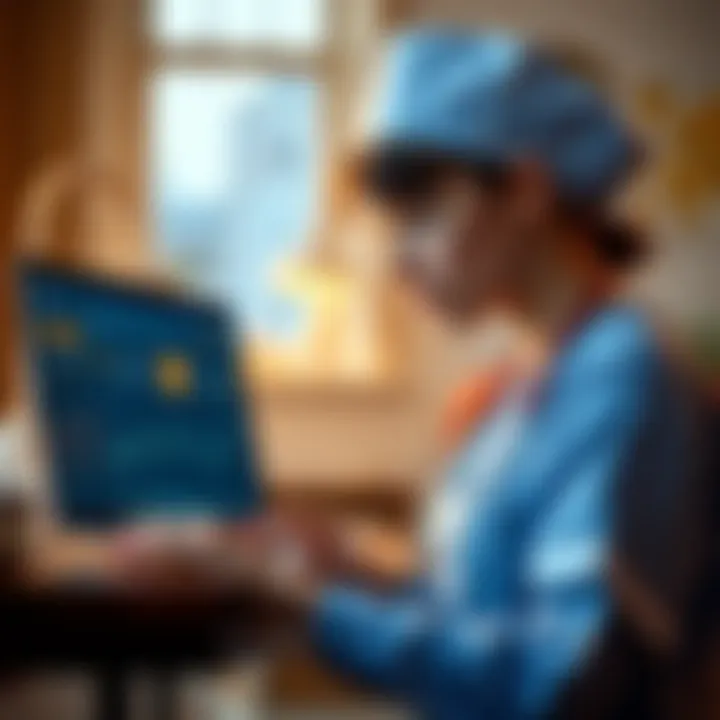 A young nurse in France looking at a laptop with Bitcoin graphics and traditional investment options on the screen.