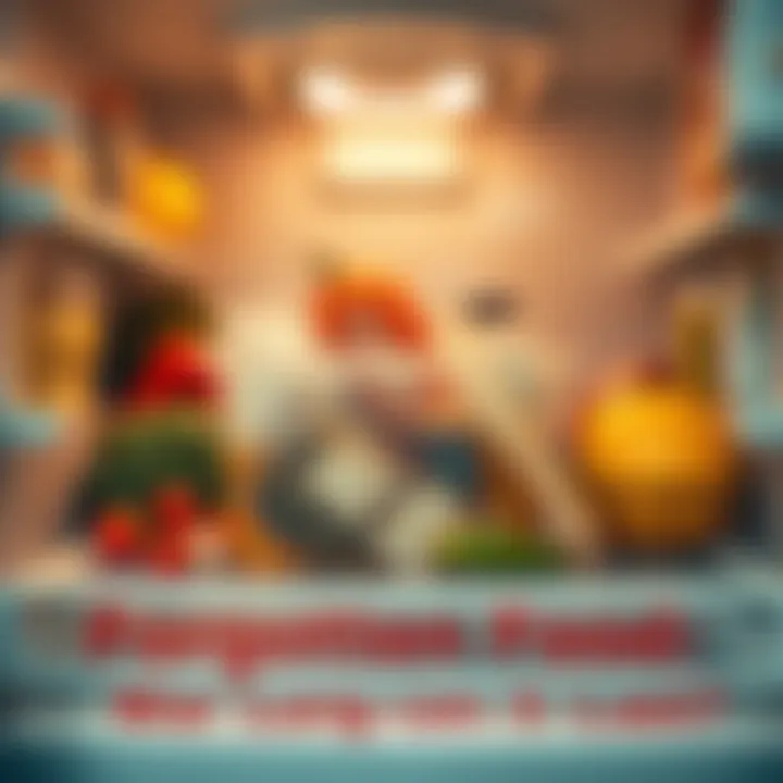 A humorous scene showing a neglected container of food in a refrigerator, looking aged and uncertain, with some questionable contents visible.