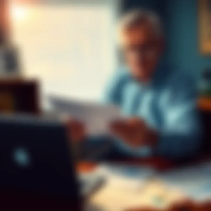 A 62-year-old man sitting at a table, looking over financial documents and a laptop, contemplating his investment choices between cryptocurrencies and mutual funds.
