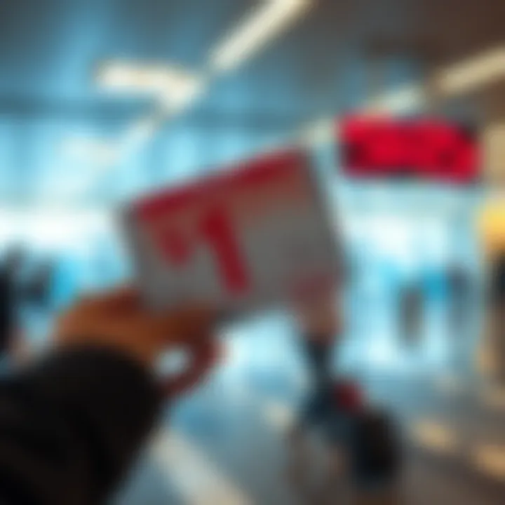 A person holding a boarding pass with a $1 flight offer in front of an airport