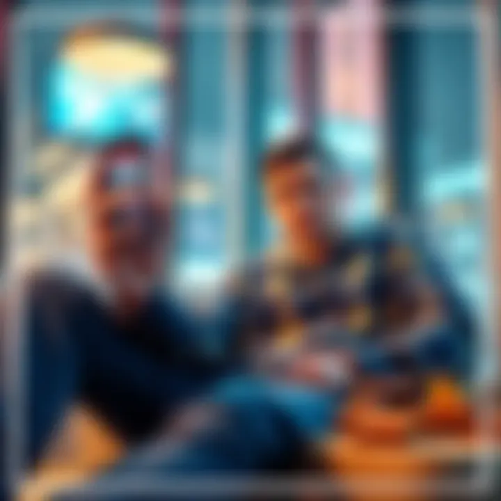 A person confidently displaying their online achievements on a smartphone while sitting in a casual setting, contrasting with a more humble real-life appearance, highlighting the difference between virtual and real life.