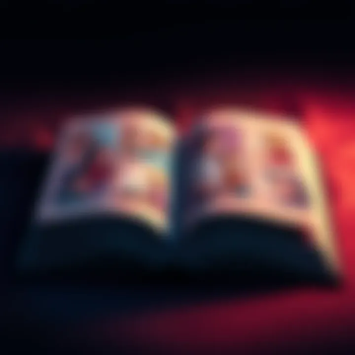 Open book with emotional scenes An open book with illustrations depicting various human emotions and life experiences