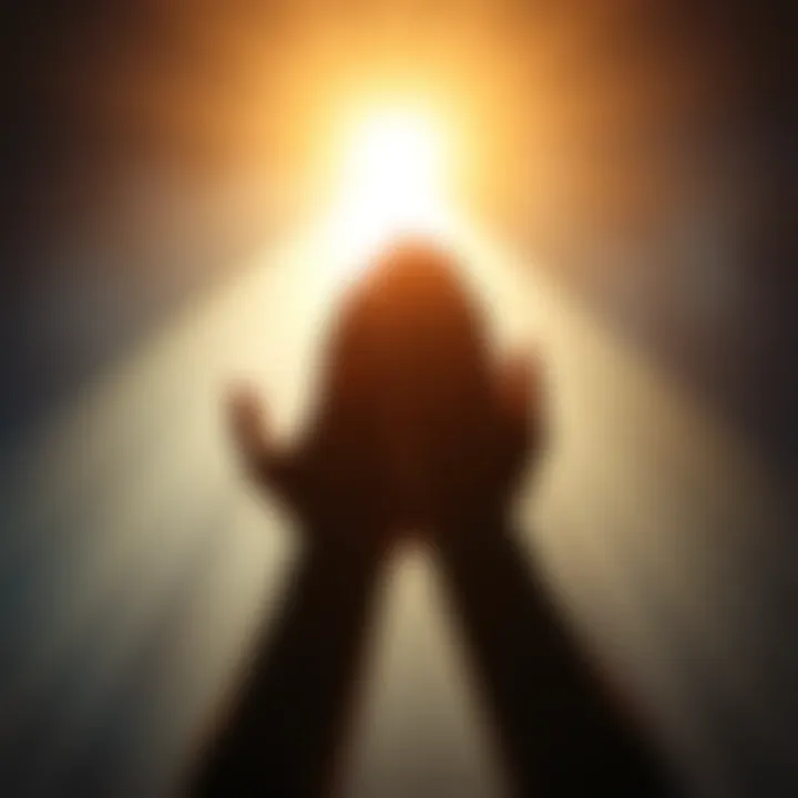 Open hands reaching for light A pair of open hands reaching up towards a bright light, symbolizing hope and faith amidst doubt.