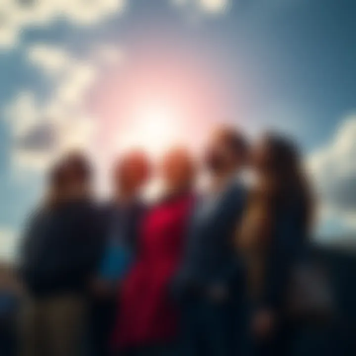 A group of diverse people standing together, looking up at a bright sky with a hopeful expression, symbolizing optimism amid uncertainty.