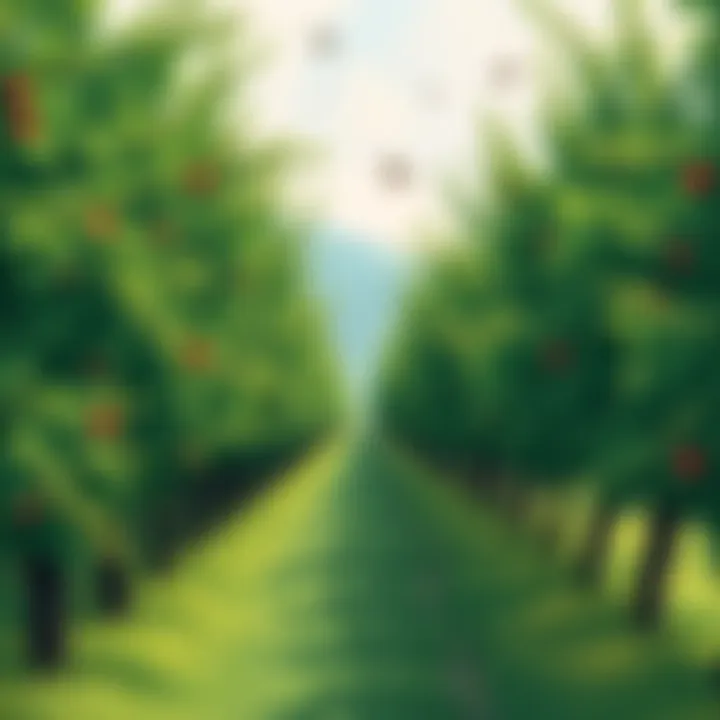 A calm scene showing an orchard with healthy trees, representing stability despite concerns about the Orchard Bug issue.