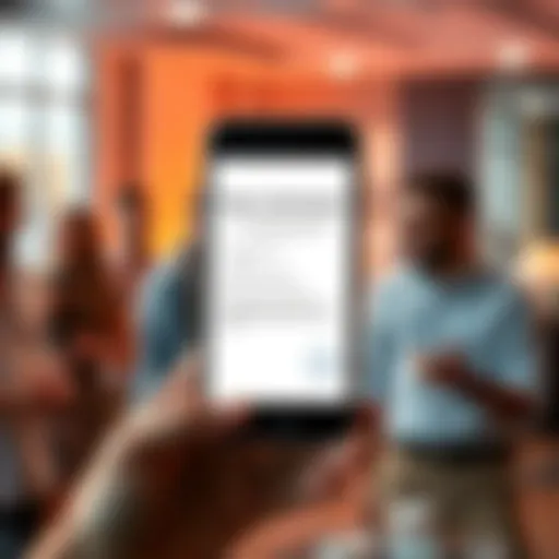 A digital order confirmation displayed on a smartphone screen with a background of excited people discussing it.