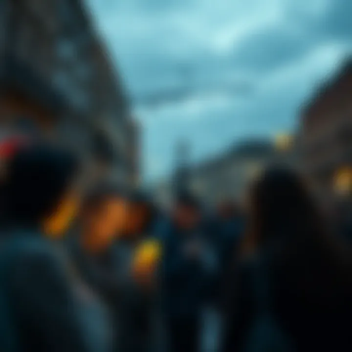 People looking at their phones, confused about the outage, with darkened buildings in the background