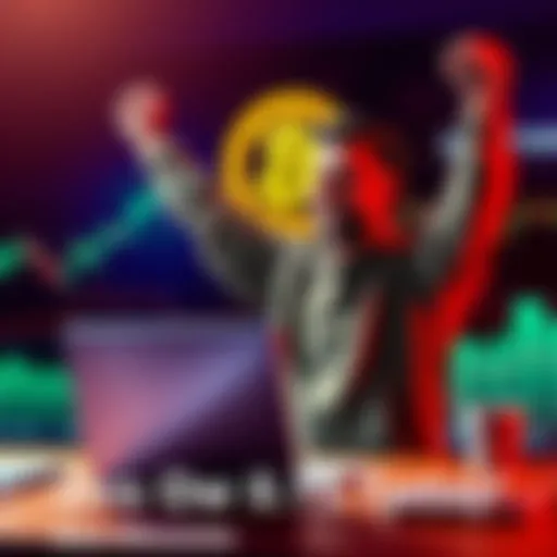 A person celebrating their achievement of owning 0.15 BTC with a laptop and cryptocurrency graphics in the background