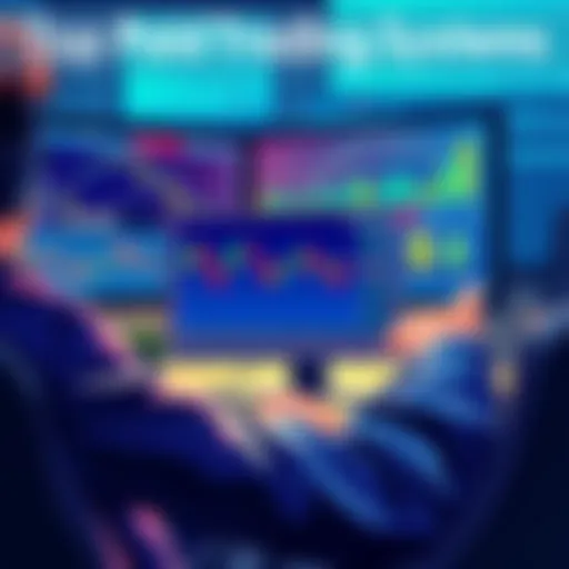 A trader analyzing charts on a computer, displaying successful trading strategies. Various graphs and dollar signs indicate profitability.