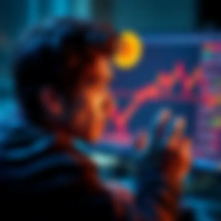 A worried first-time investor looks at a falling Bitcoin chart on a computer screen, showing distress over financial loss.