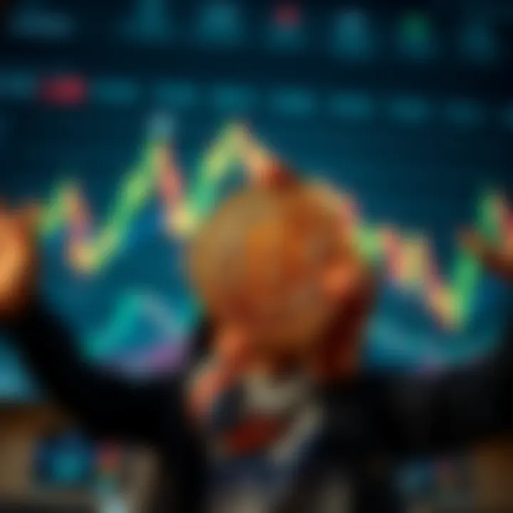 A person excitedly holding a Bitcoin symbol with a backdrop of a fluctuating price chart, representing a bold investment move in a bear market.