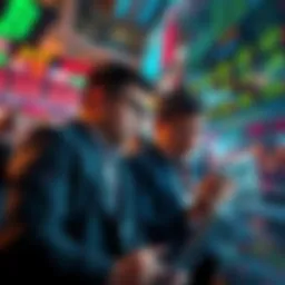 Investors anxiously watching stock prices drop and discussing selling their assets in a chaotic environment