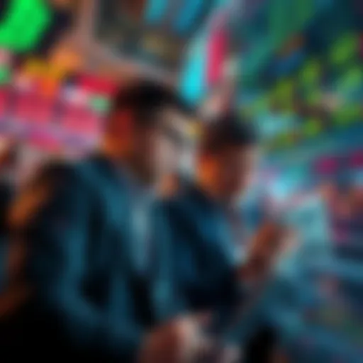 Investors anxiously watching stock prices drop and discussing selling their assets in a chaotic environment