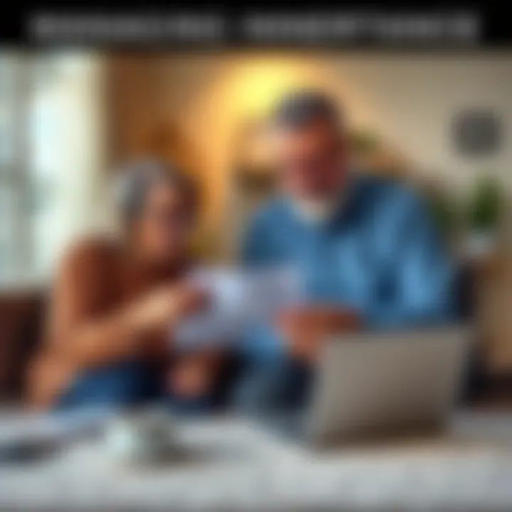 Two parents discussing strategies for managing their house inheritance, looking at financial documents and a laptop