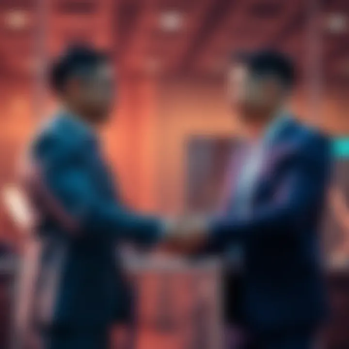 Two business people shaking hands to symbolize a new partnership in the crypto industry.