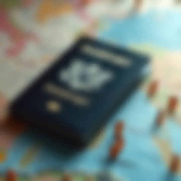 A passport resting on a map with small model plots representing land ownership around it