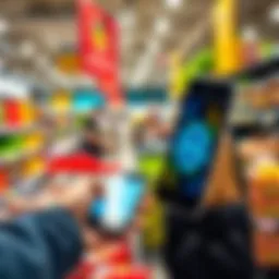 A person using a smartphone to pay for groceries with ADA cryptocurrency at a store checkout