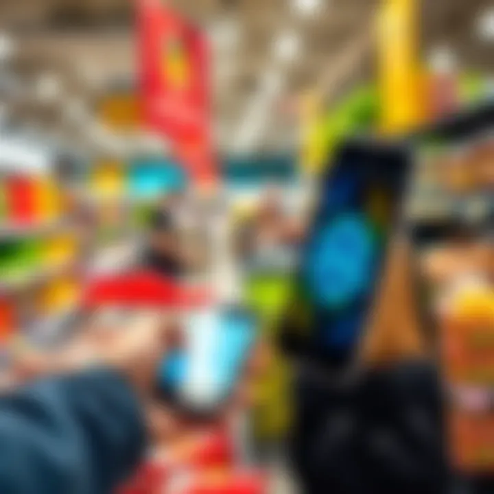 A person using a smartphone to pay for groceries with ADA cryptocurrency at a store checkout