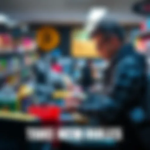 A shopper uses a crypto card to make a payment at a retail checkout, surrounded by products.