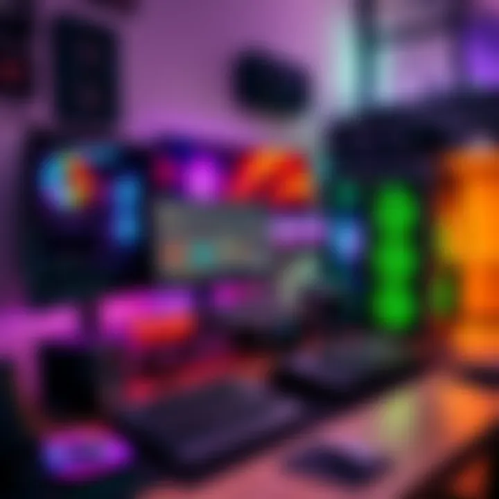 A modern PC setup with gaming and production gear A desk with a high-performance PC, an Intel Core i9 processor, and an RTX 3060 Ti graphics card, showcasing computer components for gaming and music production