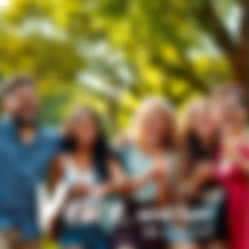 A group of diverse people smiling and celebrating together in a sunny park, representing peace, love, and fun