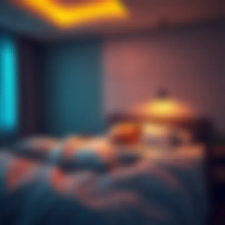 A peaceful bedroom setting with a cozy bed A cozy bed in a calm bedroom environment, inviting a restful sleep, with soft pillows and warm lighting.