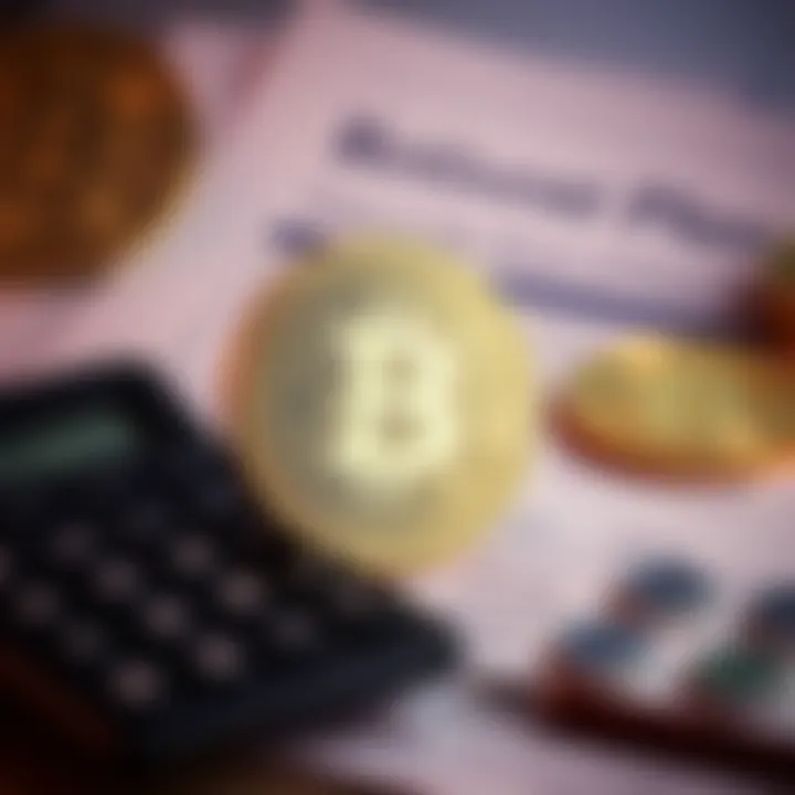A close-up of a Bitcoin symbol with a calculator and retirement plan documents in the background, highlighting pension fund investments.
