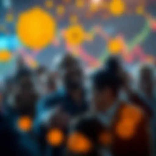 A group of people happily discussing Bitcoin, with charts and cryptocurrency symbols in the background.