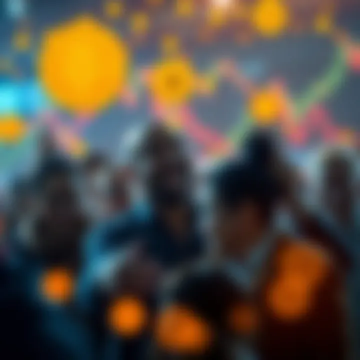 A group of people happily discussing Bitcoin, with charts and cryptocurrency symbols in the background.