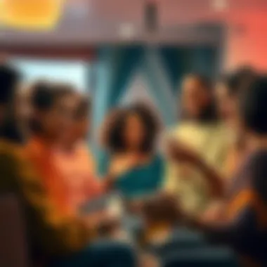 People Connecting A group of diverse people sharing stories and supporting each other in a warm, inviting setting.