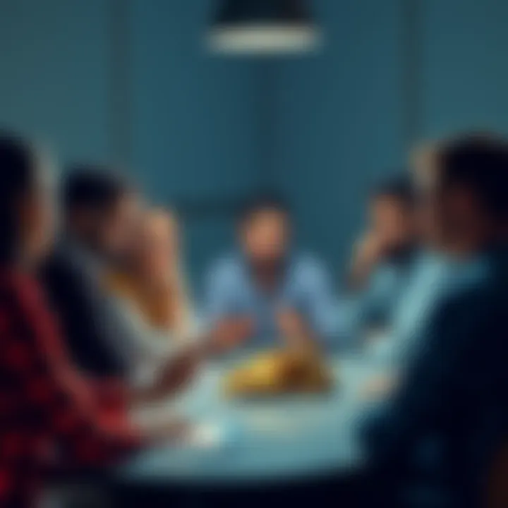 A group of people gathering around a table, discussing the future of cryptocurrency with worried expressions.