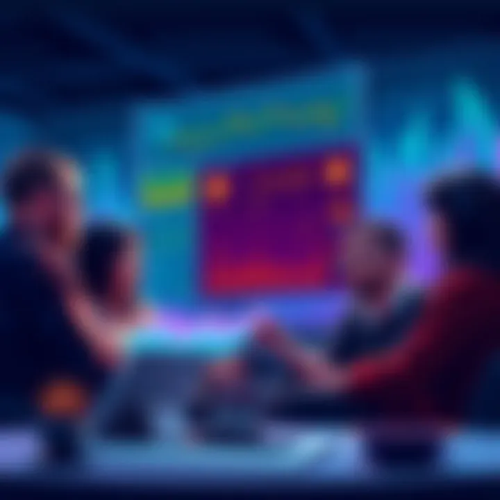 People discussing crypto investments A group of people looking at graphs and charts about cryptocurrency investments, focused on degen pools and high-risk strategies.