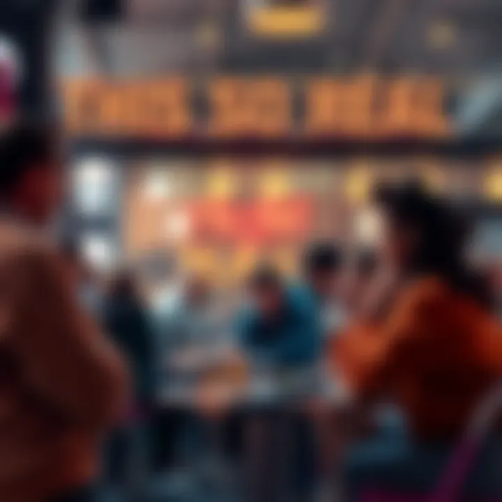 A group of people engaging in conversation about the 'This is so real' trend at a café